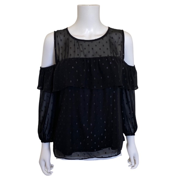 Black Sheer Polka dot Cold Shoulder Blouse - Picture 1 of 13